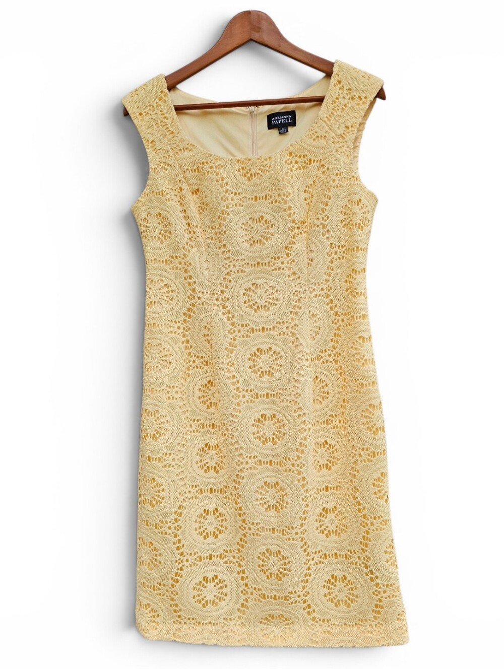 Adrianna Papell Yellow Crochet Overlay Sheath Dress Size 10